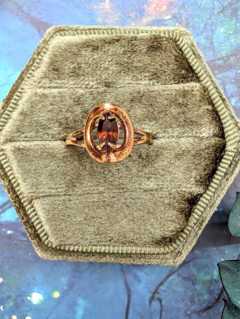 Vintage Gold Garnet Color Stone Oval Ring in 14Kt G.E. Gold Setting, Size 5.5